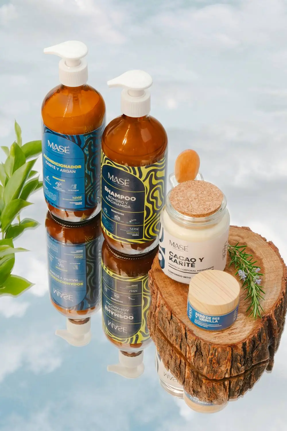 Línea completa MASÉ: acondicionador, shampoo, manteca corporal Cacao y Karité y manteca facial Sebo de Res y Vainilla